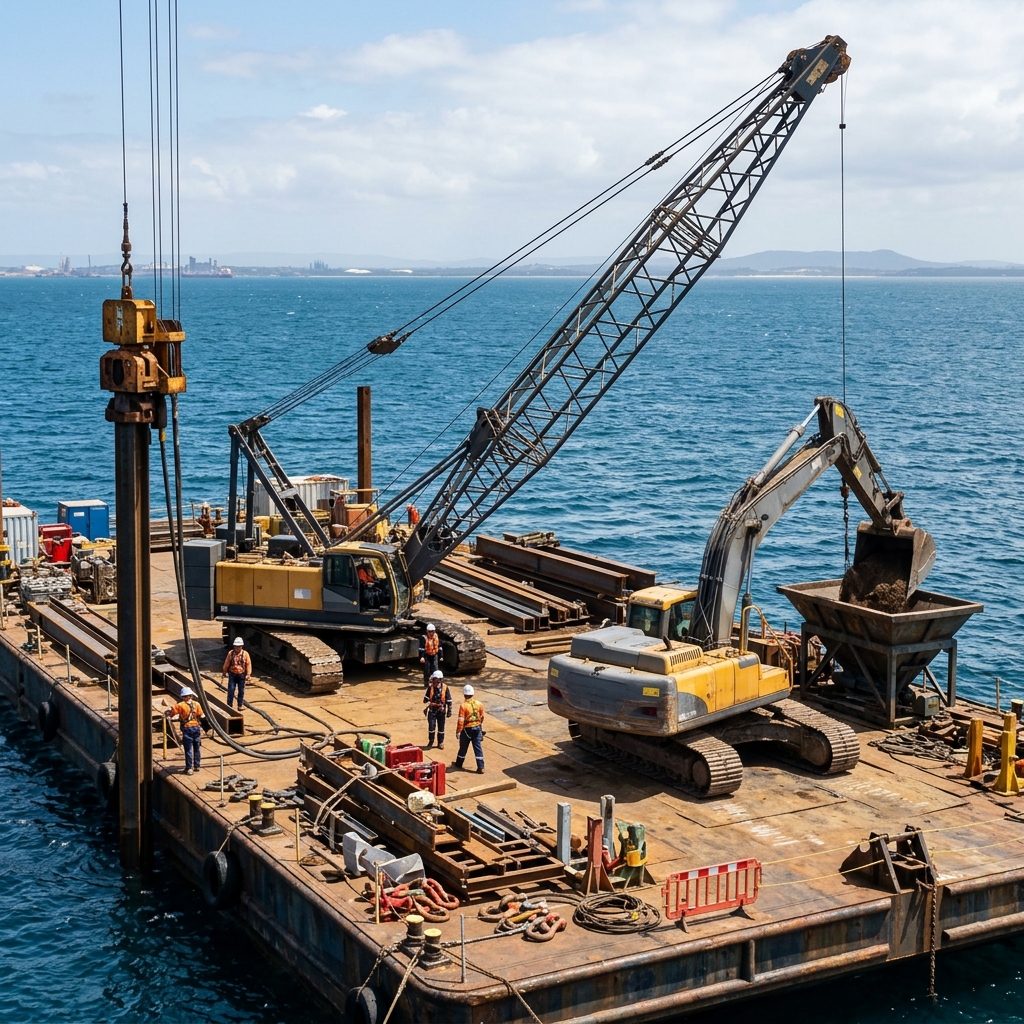 Construction equipment and vessel at port